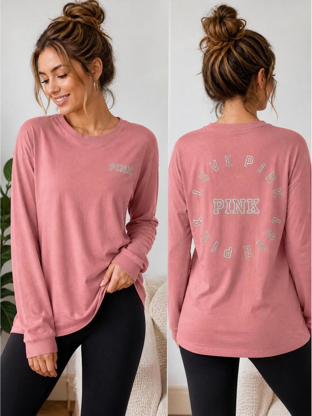 PINK Victoria's Secret XS Long Sleeve Glitter Logo‎ Graphic Tee Shirt Pink